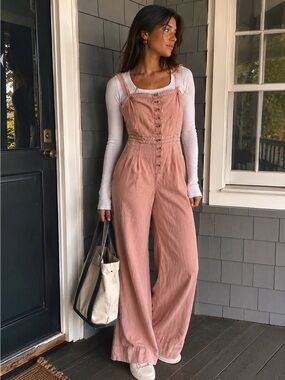 Anthropologie Pilcro Boho Linen Blend Wide Leg Jumpsuit Pink Button Front 2